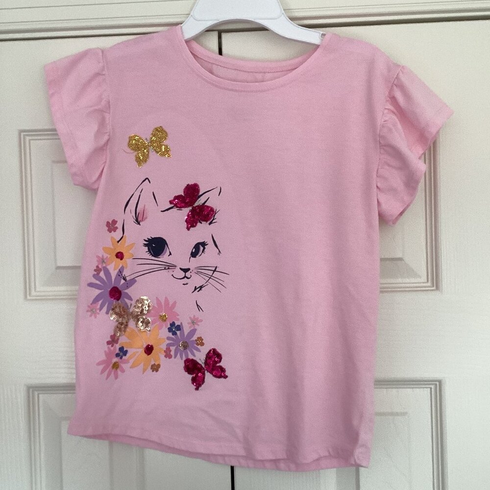Jumping Bean Softest Tee Pink Short Sleeve with Cat and Flower Size 10
